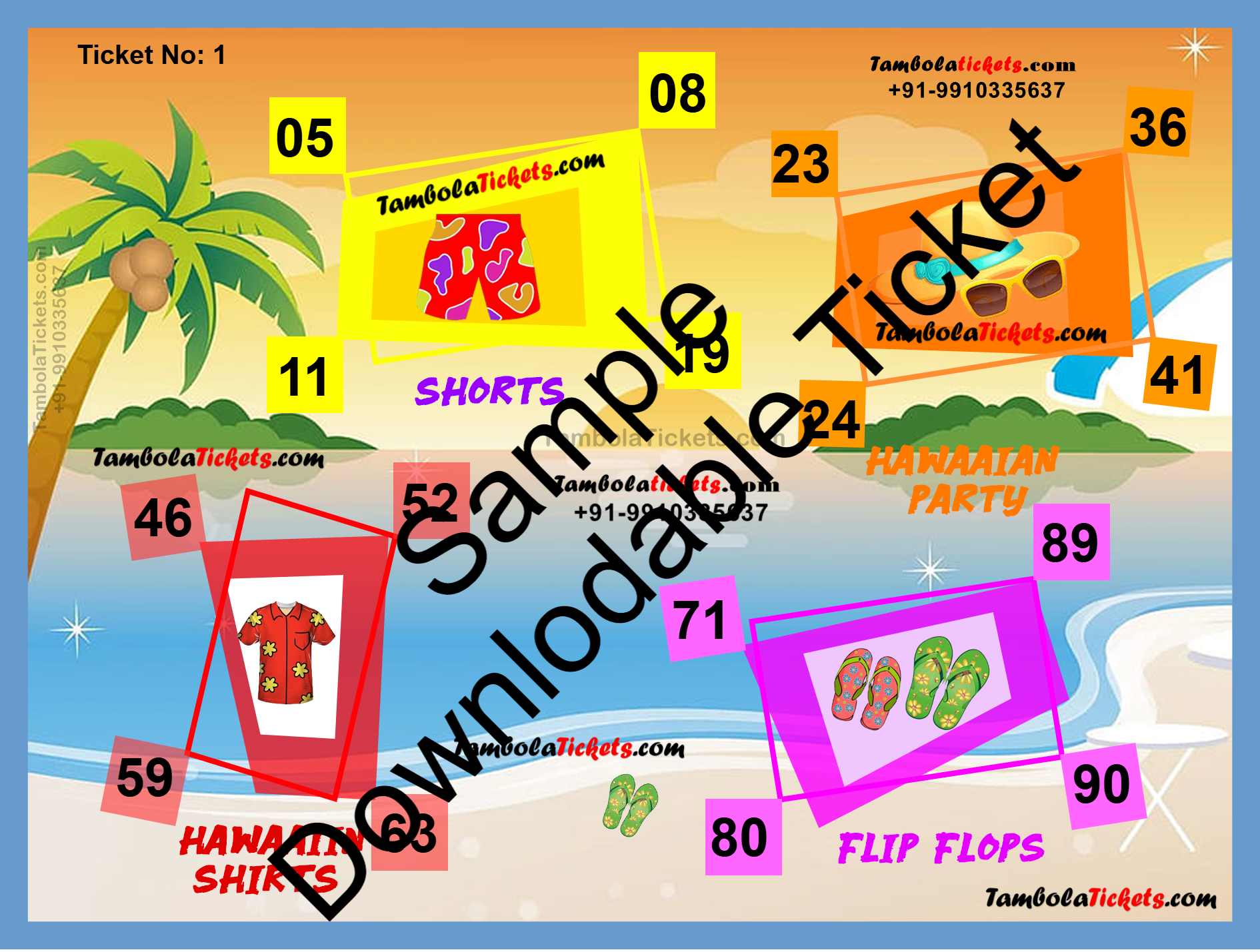 Hawaiian Party Shorts Flip-Flops theme tambola| Housie | Bingo Ticket | Premium Quality tambola tickets - Image 2