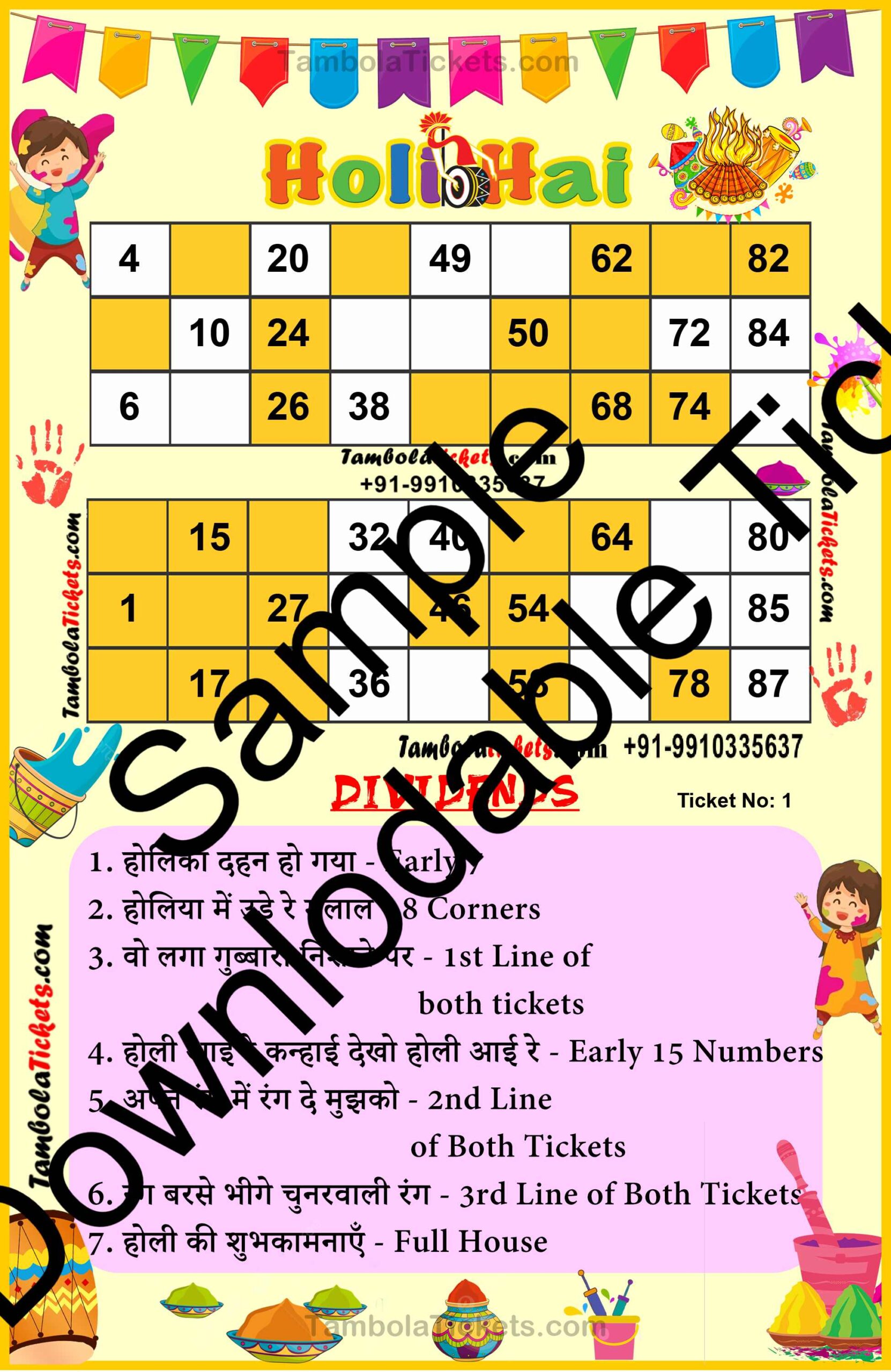 Holi Ki Shubhkamnaye Special Double Classic Hindi with Dividends theme tambola| Housie | Bingo Ticket | Premium Quality tambola tickets - Image 2