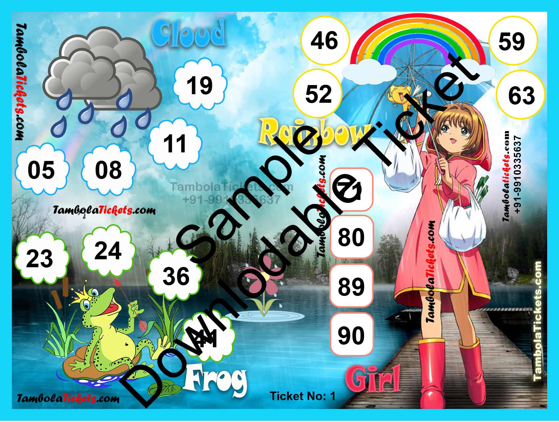 Rainbow Frog Girl Rain theme tambola| Housie | Bingo Ticket | Premium Quality tambola tickets - Image 2