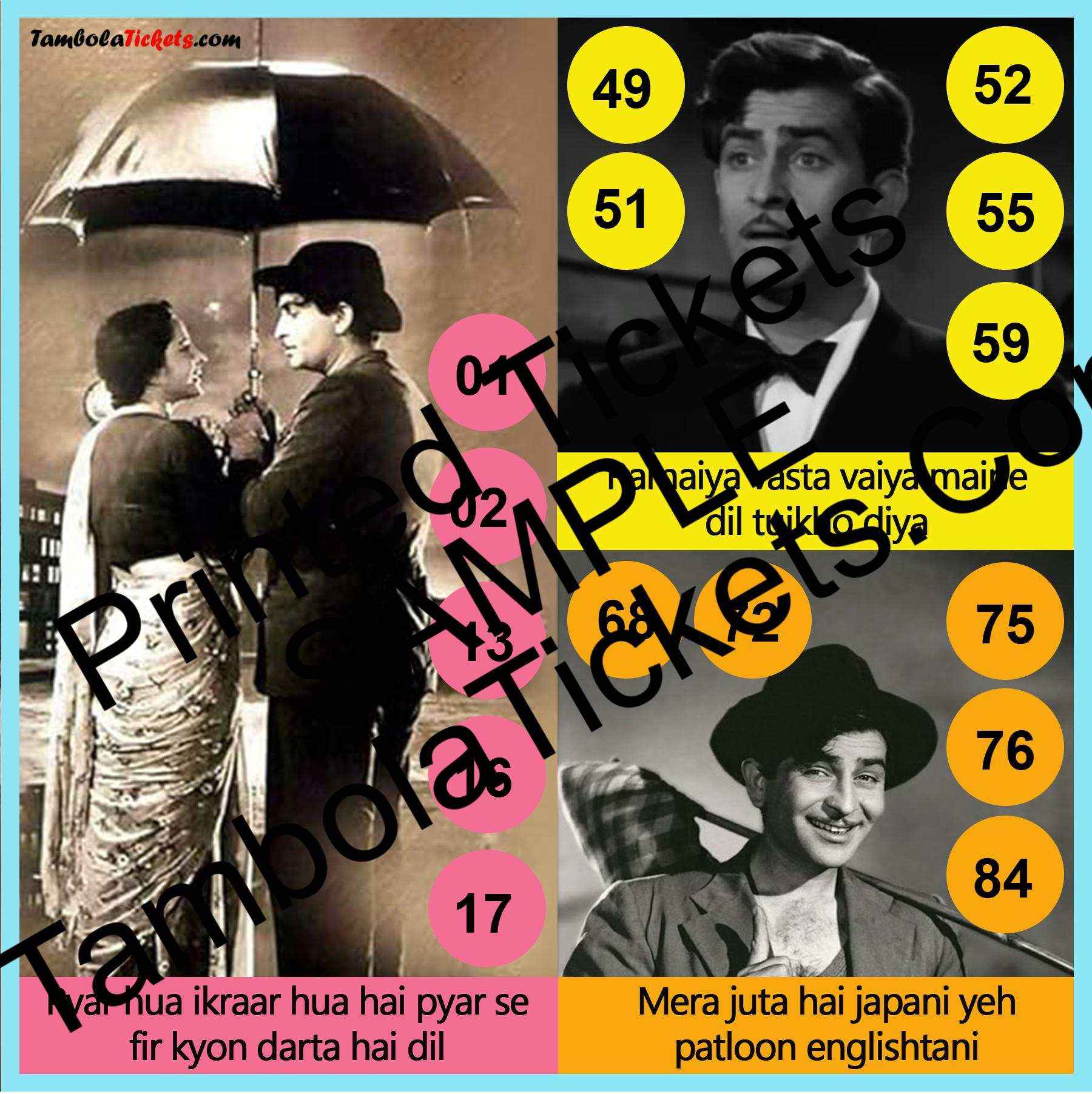 Raj Kapoor Bollywood Musical theme tambola| Housie | Bingo Ticket | Premium Quality tambola tickets