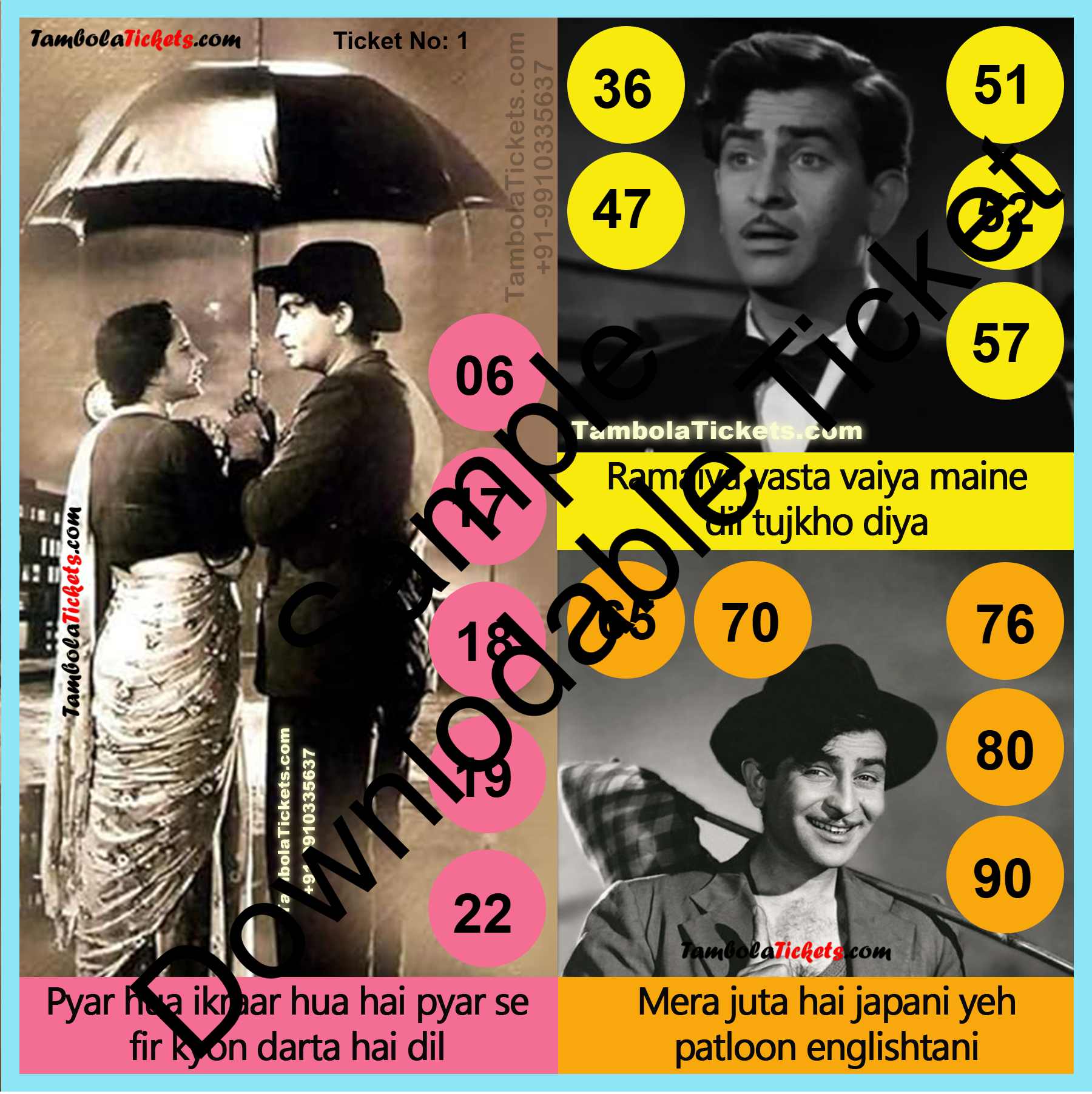 Raj Kapoor Bollywood Musical theme tambola| Housie | Bingo Ticket | Premium Quality tambola tickets - Image 2